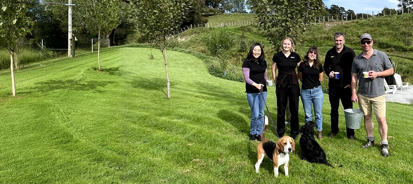Todd White, Head of Product, FarmIQ, on farm with the team and their dogs