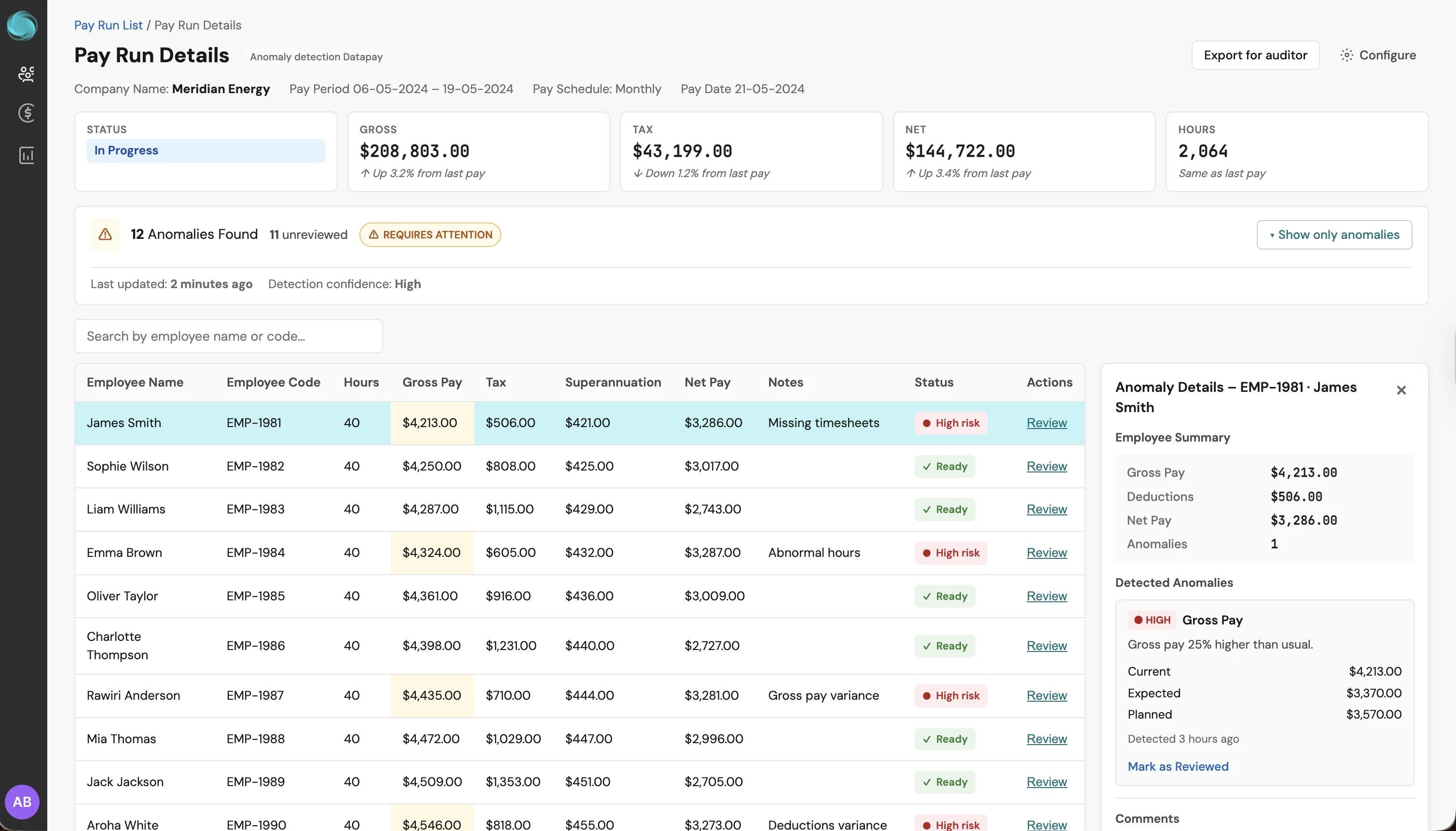 Datapay Pay Run Details screen showing anomaly detection flagging a gross pay variance