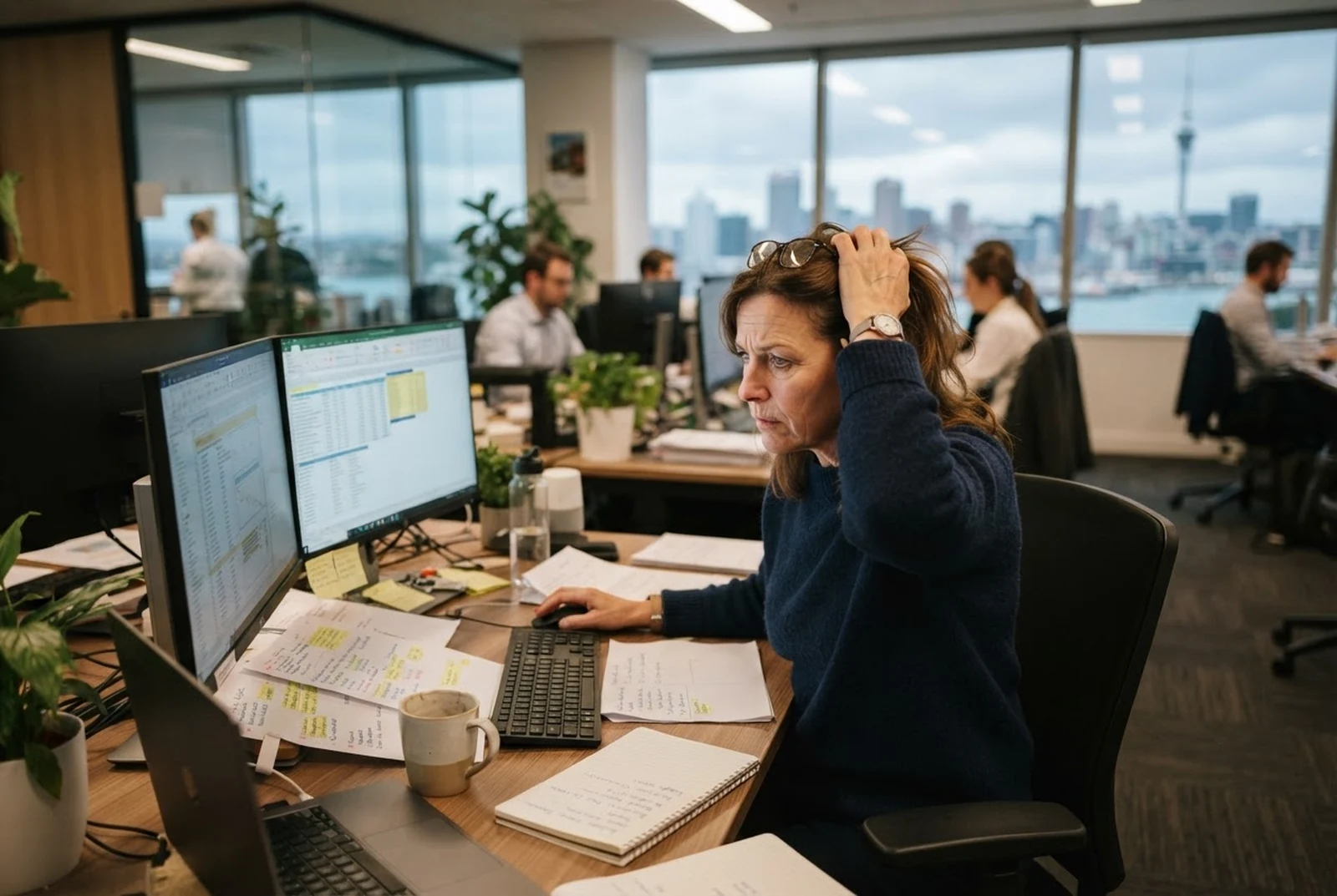 A payroll professional at her desk, hand in her hair, with an Auckland harbour view behind her
