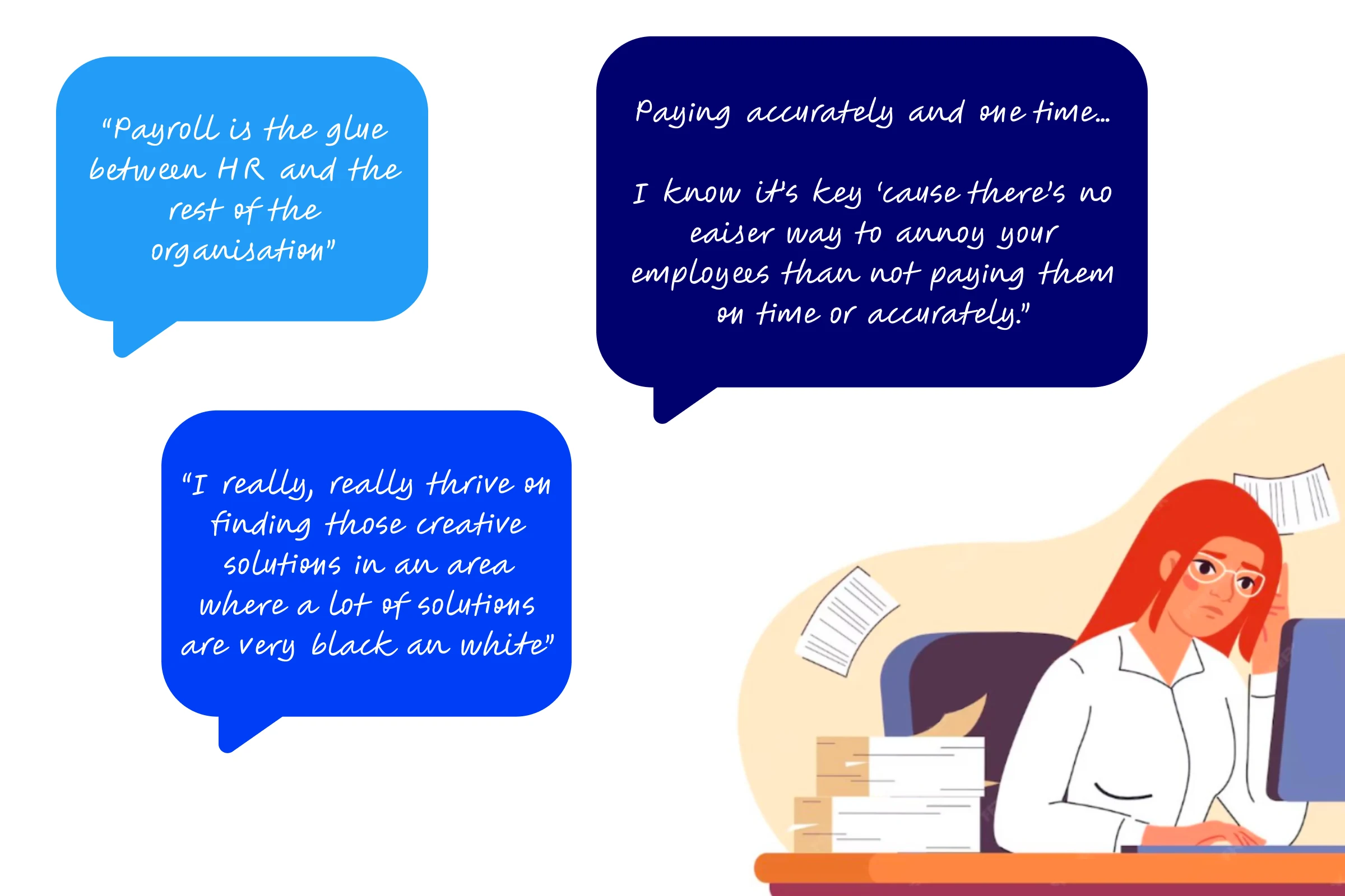 Illustration of a payroll professional at a desk surrounded by research quote bubbles