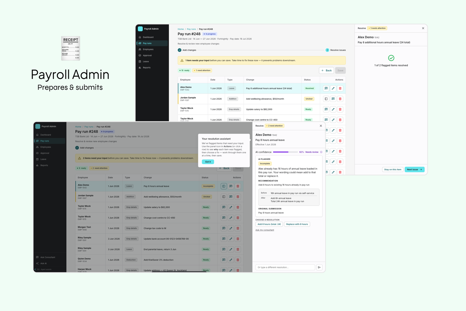 Payroll Admin's first agentic experience, with screens that prepare and submit