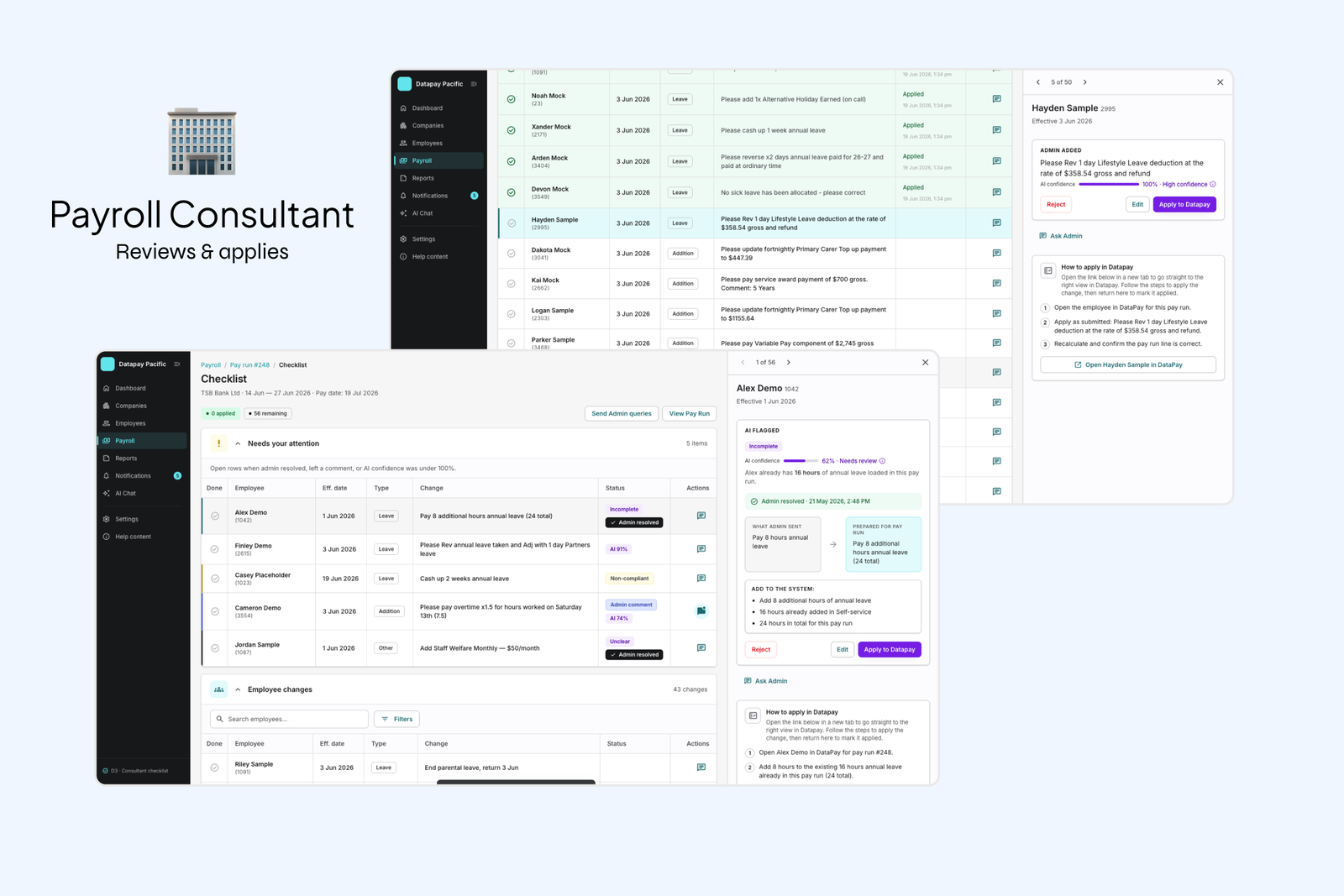 Payroll Consultant's agentic checklist and apply-to-Datapay screens