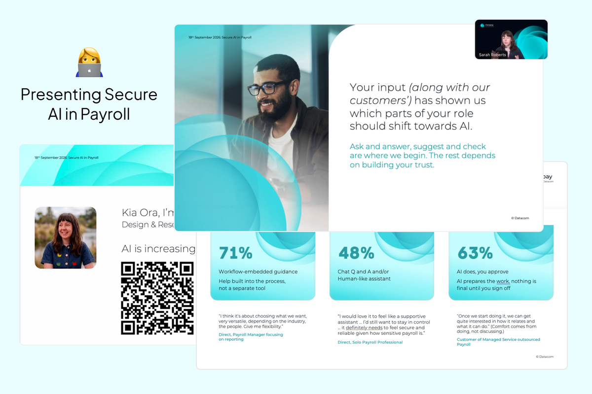 Presenting Secure AI in Payroll: a slide deck being shared, with survey callouts showing 71% workflow-embedded guidance, 48% chat Q&A, and 63% AI-does-you-approve preferences