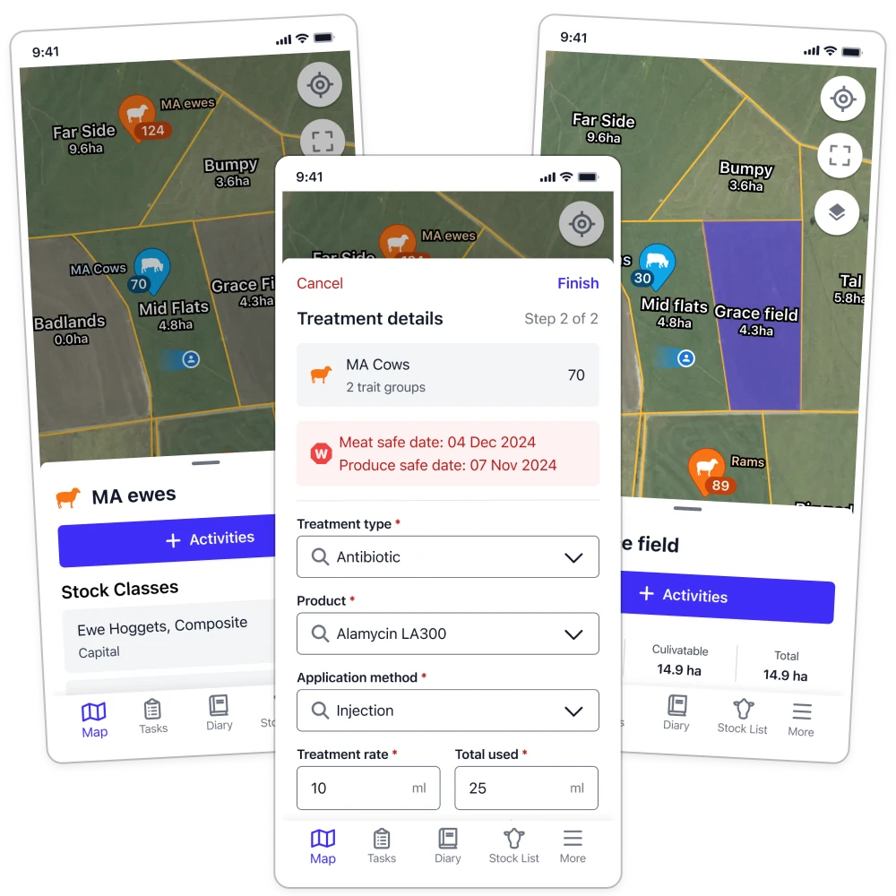 FarmIQ mobile app screens: map view, treatment form, and field details