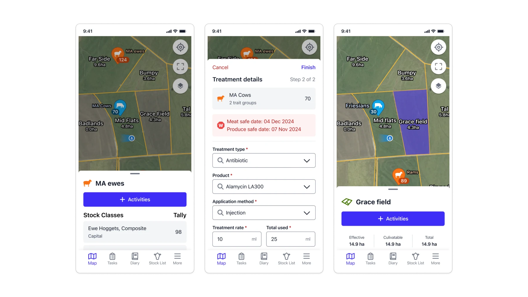 FarmIQ mobile app screens: map view, treatment form, and field details