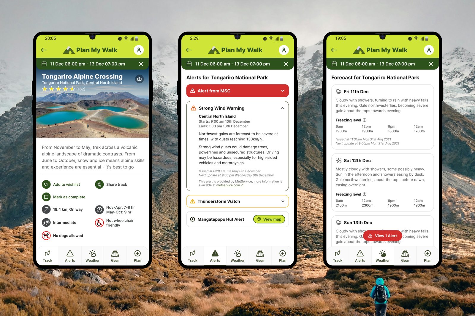 Three phone screens: the Alpine Crossing, MSC alerts, and a track weather forecast