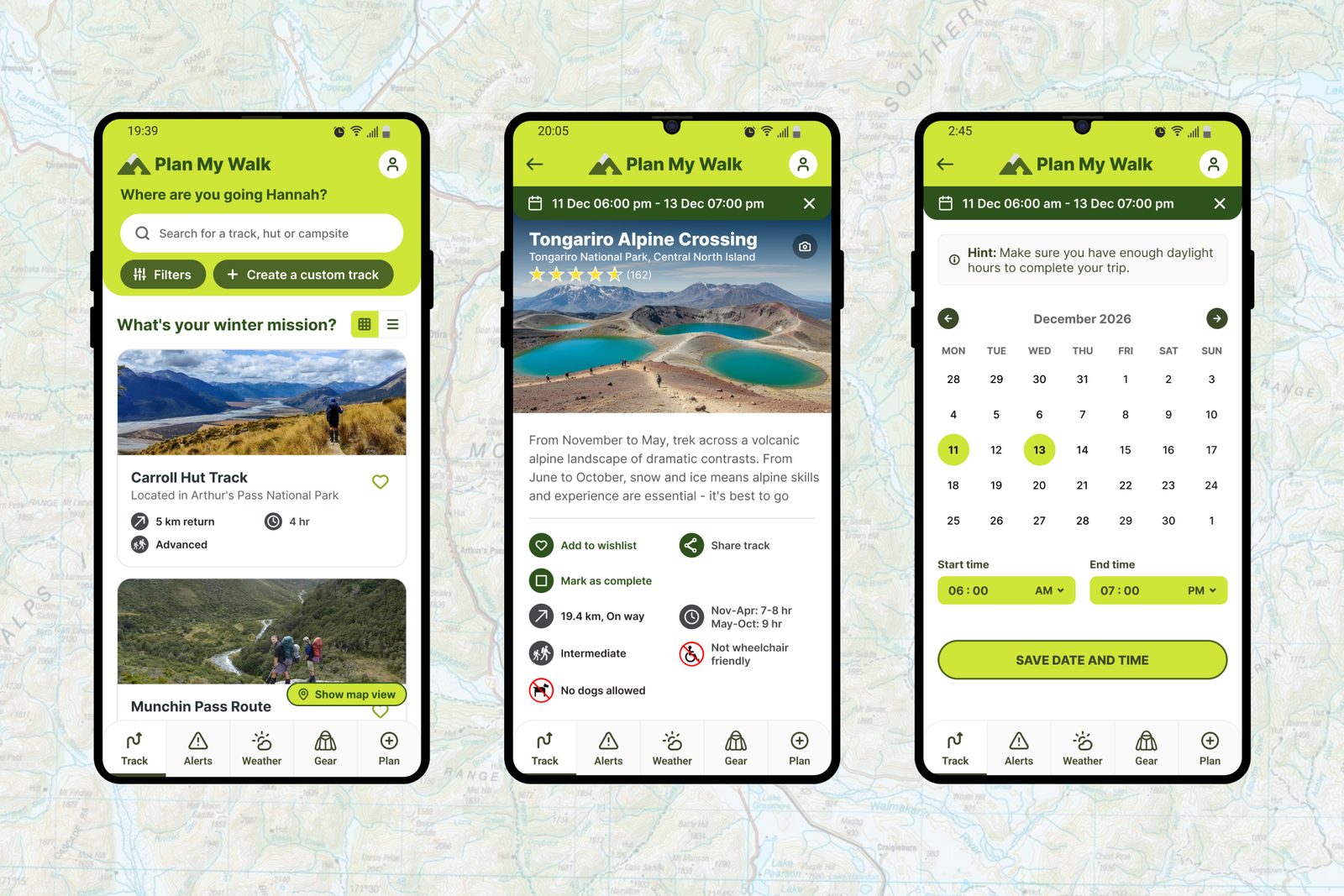 Three phone screens: track search, the Tongariro Alpine Crossing, and a date picker