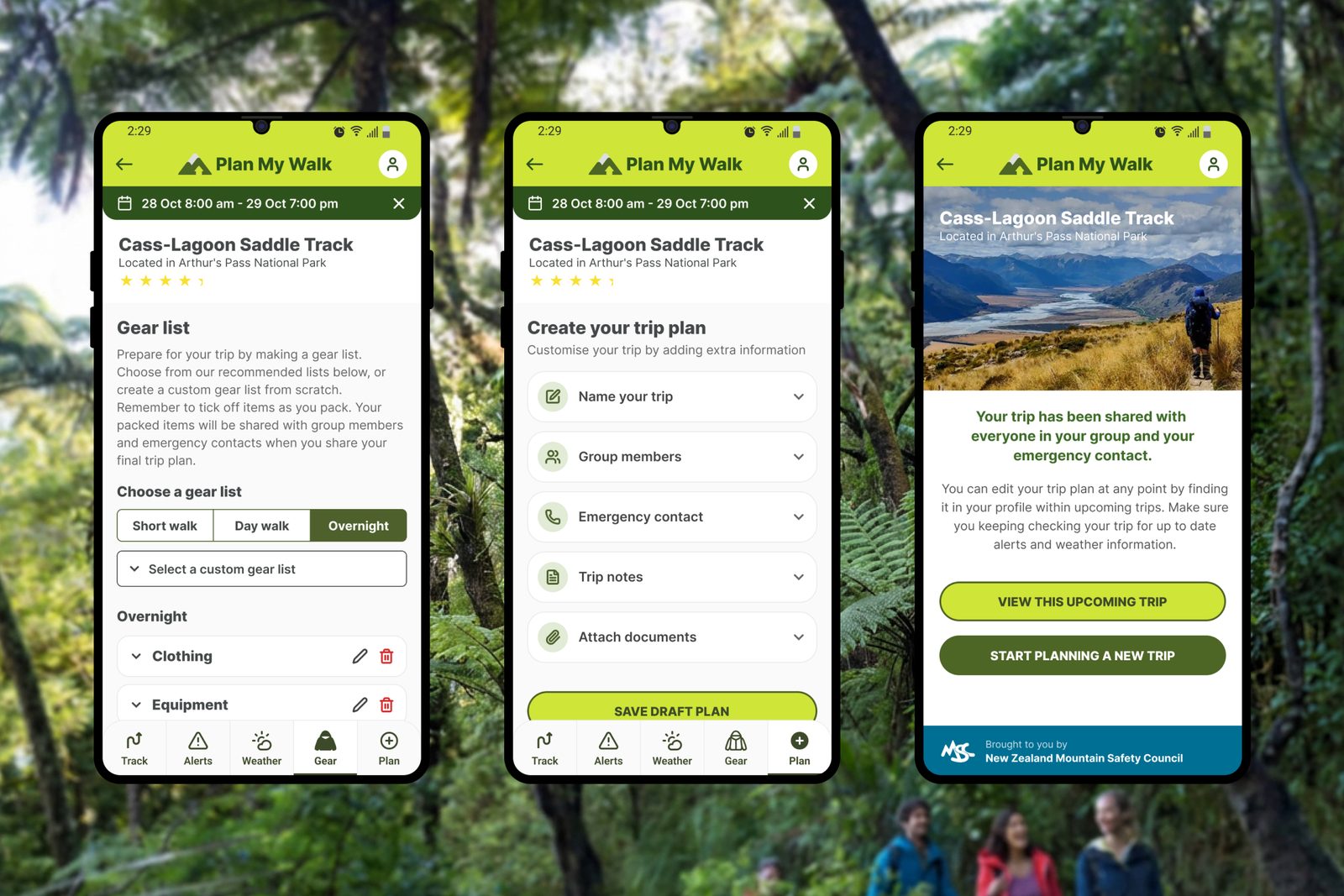 Three phone screens: the gear list, trip-plan builder, and shared-plan confirmation