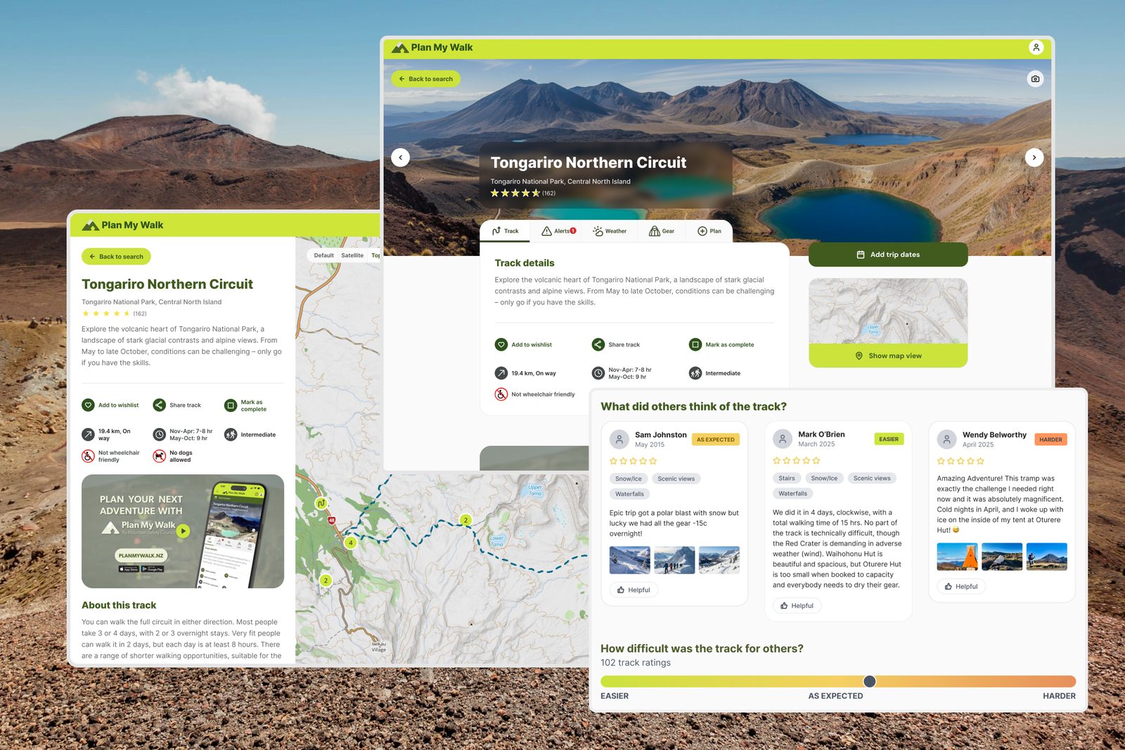 The Plan My Walk web track page for the Tongariro Northern Circuit, with community reviews
