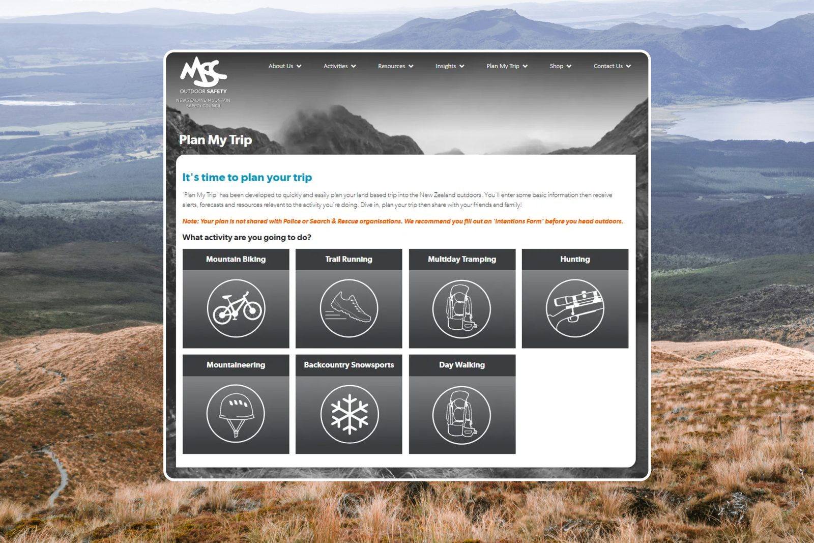 MSC's old Plan My Trip web tool: a form of activity tiles over a mountain photo