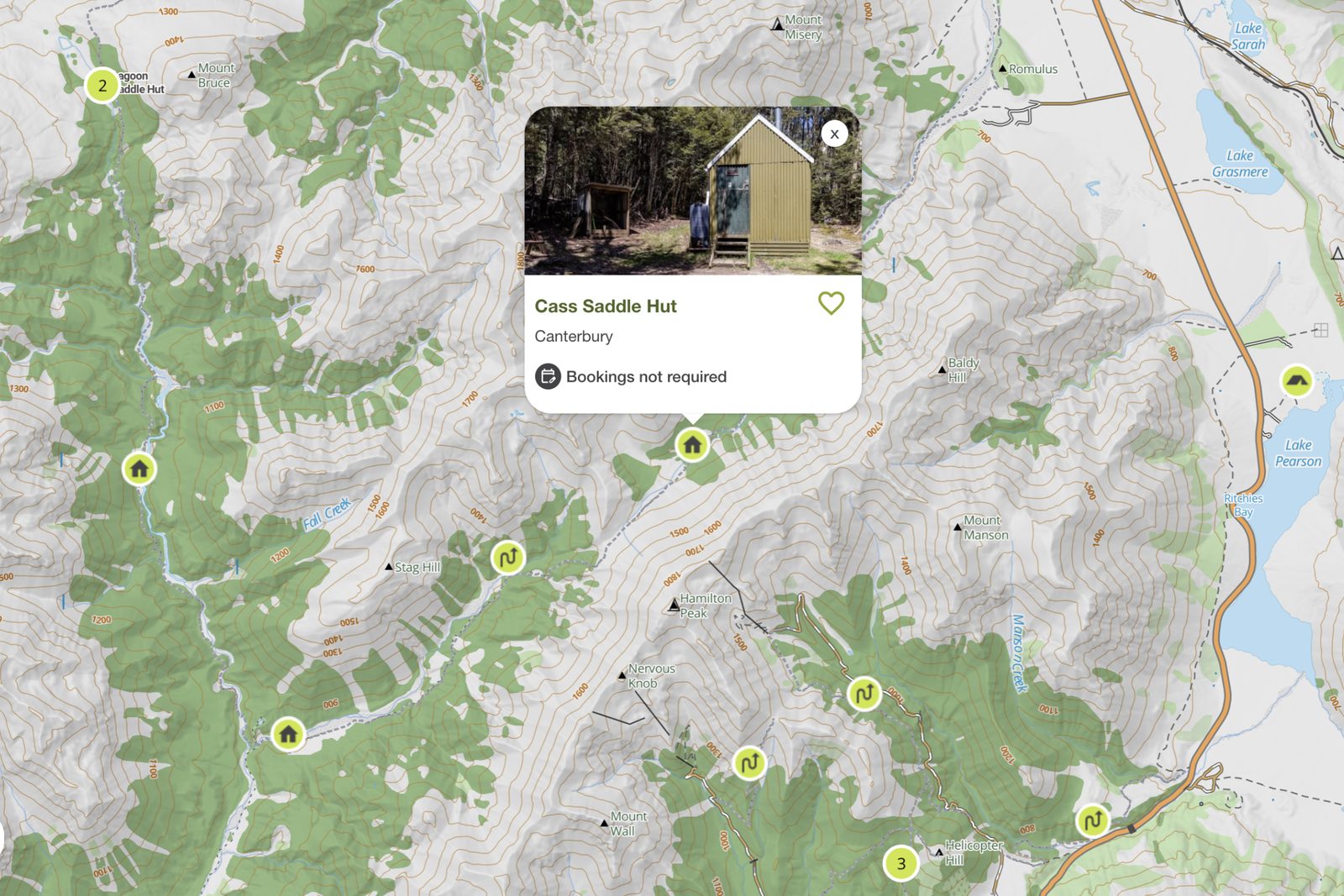 A topo map with track markers and a Cass Saddle Hut detail card